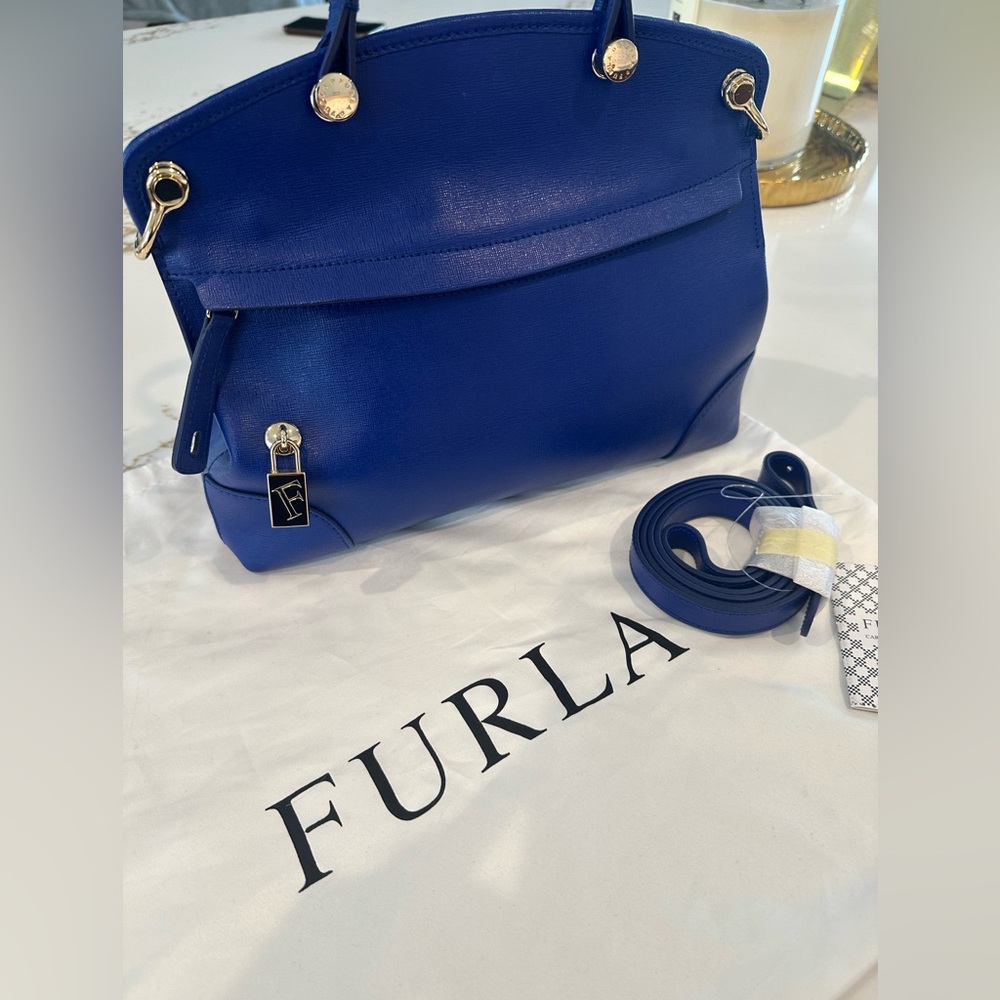 NWOT Furla Piper Ladies Medium Leather Top Handle Satchel Bag Indigo Blue